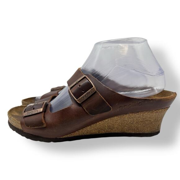Birkenstock Womens Papillio Emina Wedge Sandals Brown Leather Size 39 US 8 - Picture 1 of 11